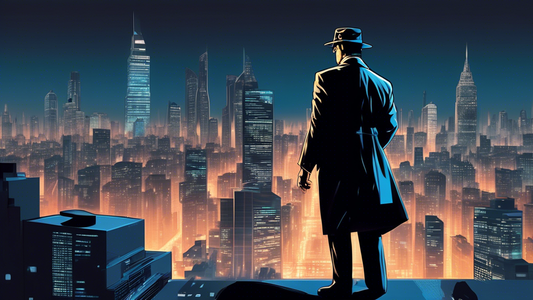 a sophisticated spy with a mysterious aura standing atop a skyscraper at dusk, overlooking a bustling cityscape, with secret documents in hand and a digital hologram map projecting from his watch, all in cyber-noir style