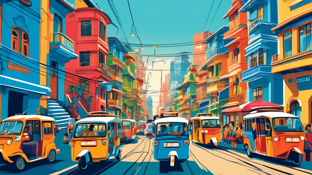 Vibrant, bustling city scene with tuk tuks, funicular railways, and cable cars all operating in harmonious movement, set against a backdrop of colorful buildings and a clear blue sky.