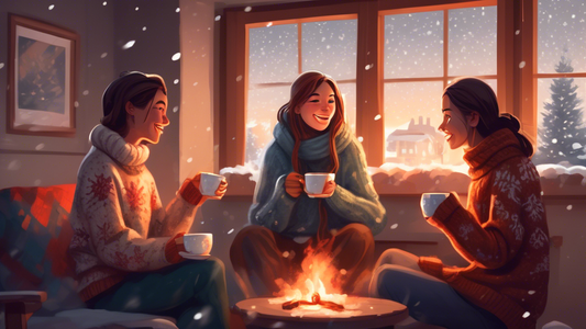 A cozy winter scene with two friends wearing warm sweaters, sitting by a fireplace, having a conversation over steaming cups of tea, with a view of snowflakes gently falling outside the window.