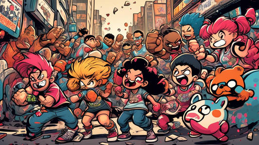 An action-packed scene of cartoon characters wearing 'Junko Brawlers World' themed shirts, engaged in a friendly brawl surrounded by an urban graffiti backdrop.