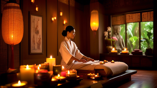 A serene and softly lit spa room in Bangkok adorned with traditional Thai decor. A skilled masseuse gently performs a tantric massage on a relaxed woman, surrounded by soothing elements like candles, 