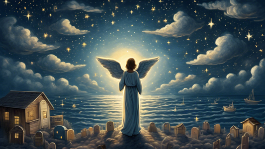 A visual metaphor depicting hope and protection, with a guardian angel watching over a sea of cribs under a starry night sky.