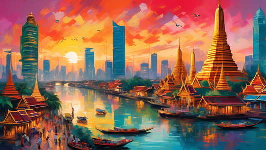 A vibrant, bustling cityscape of Bangkok, Thailand, with ornate temples and modern skyscrapers, during sunset with a river flowing through it.