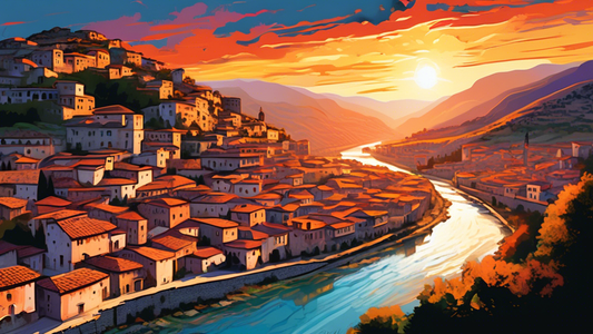 A breathtaking panoramic view of the sun rising over the ancient cityscape of Berat, Albania, with the vibrant colors of the sky reflecting off the Osum River, symbolizing a new beginning and the long-awaited moment of awakening and renewal.