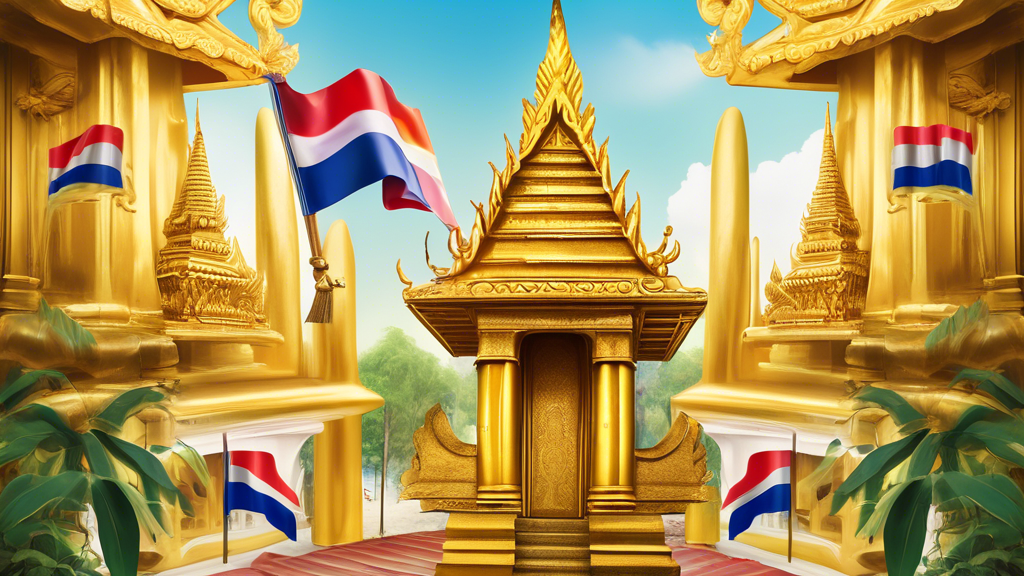 A golden key unlocking a traditional Thai building, with a growing bar graph superimposed in the foreground and the Thai flag waving in the background.