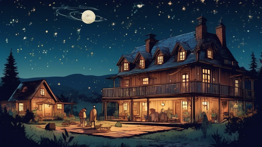 A quaint, rustic zero-star hotel nestled in a serene landscape, with bewildered guests examining the unusual amenities and architecture, under a starry night sky.