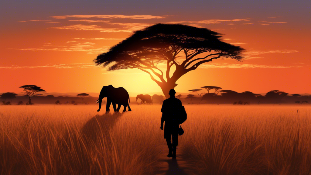 A solitary traveler watching a breathtaking sunrise over the savannah in Kenya, with a silhouette of an elephant grazing in the foreground, encapsulating a serene and adventurous solo safari experience.