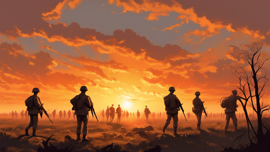 A solemn depiction of young soldiers experiencing their first day of combat, with a sunrise symbolizing the beginning of 'The Longest Day', set in a historical war landscape.