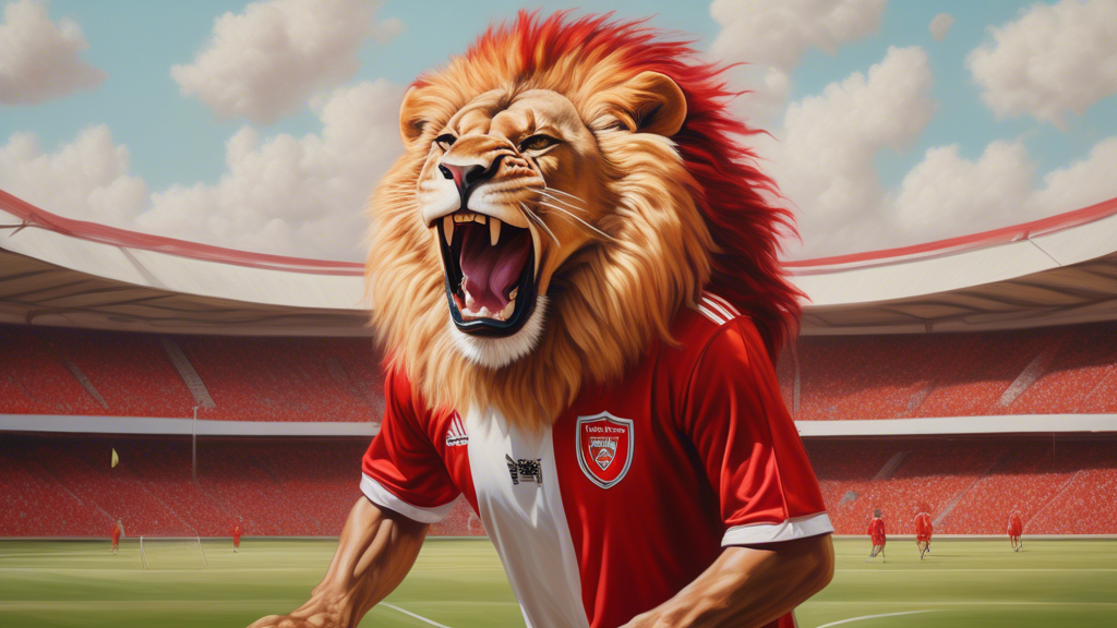 A photorealistic oil painting of a regal lion wearing a red and white Arsenal jersey, roaring on a soccer field.