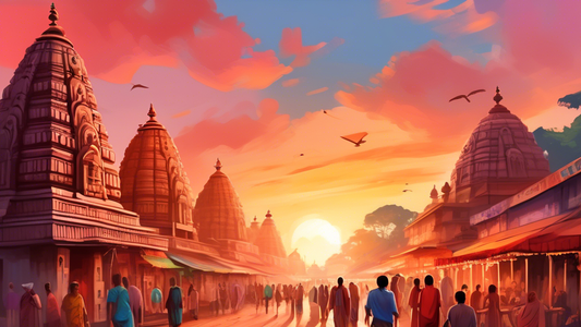 Digital painting of a serene sunrise at the Jagannath Temple in Puri, surrounded by cultural icons and vibrant street markets, showcasing the best places to visit.