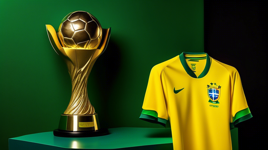 A vibrant yellow Brazil soccer jersey with green accents, draped over a stadium seat, spotlight shining on it, Brasil 2024 and the Copa America trophy subtly embossed on it.