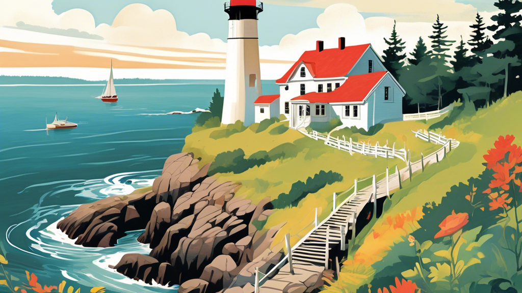 An illustrated collection of scenic vistas from a road trip through Maine, showcasing iconic lighthouses, rocky coastlines, dense forests, and charming small towns, in a vibrant, storybook style.