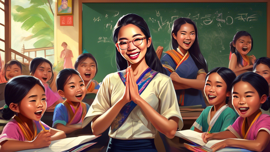 A Western teacher with a bewildered expression, wearing traditional Thai clothing, surrounded by smiling Thai students holding notebooks and pencils in a chaotic classroom with a blackboard that says 