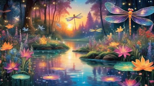 Create a whimsical image of a magical forest clearing with a sparkling pond at sunset, where a group of colorful, oversized dragonflies are gracefully dipping their wings into the water, surrounded by enchanted, glowing flowers and fireflies.