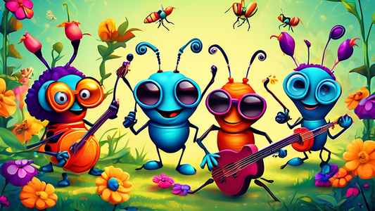 A vibrant digital art piece showcasing a group of whimsical, cartoonish bugs wearing sunglasses and playing musical instruments in a colorful garden setting.