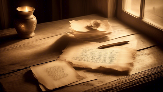 Create an evocative image of an aged, sepia-toned photograph lying next to a handwritten poem on a rustic wooden table, illuminated by the soft glow of morning light filtering through a nearby window, with traces of dust particles in the air.