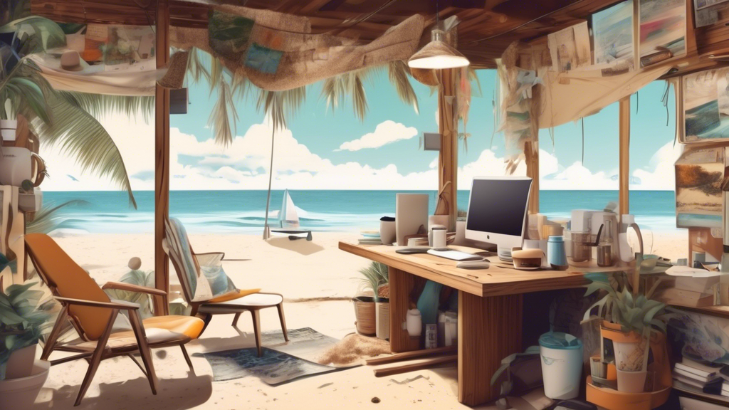 An artistic digital collage showcasing a serene beach workspace on one side contrasted with a cramped, cluttered coffee shop workspace on the other, symbolizing the pros and cons of being a digital nomad.