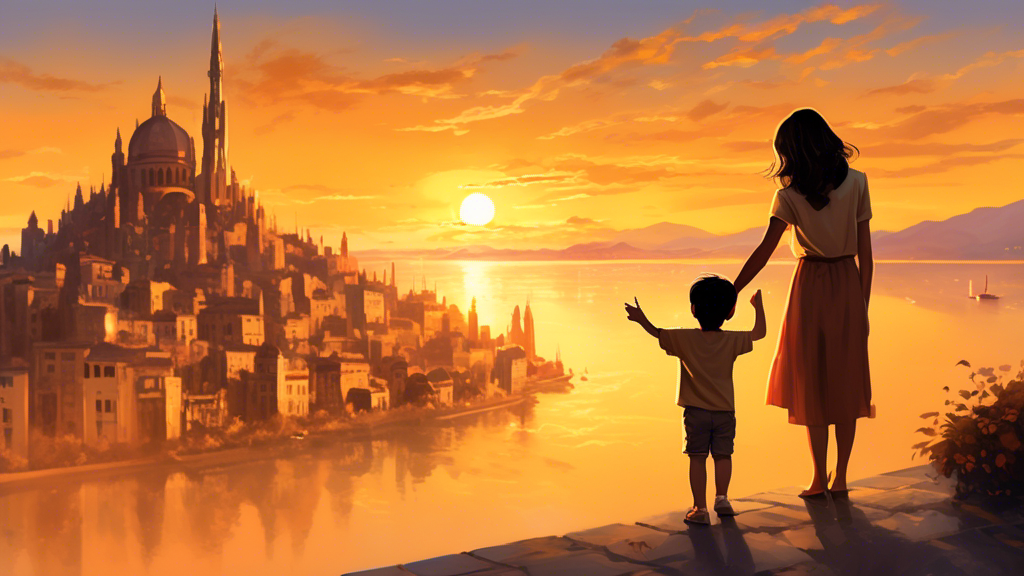 A heartwarming image of a mother and child exploring a breathtaking foreign cityscape together, with the child pointing excitedly at a famous landmark, while the golden sunset adds a magical backdrop to their perfect moment.
