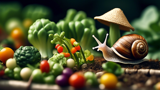 A snail wearing a straw hat tending to a garden of miniature vegetables