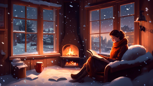 A cozy winter evening scene featuring a person sitting by a fireplace, reading a book, and sipping hot chocolate with snow falling gently outside the window.