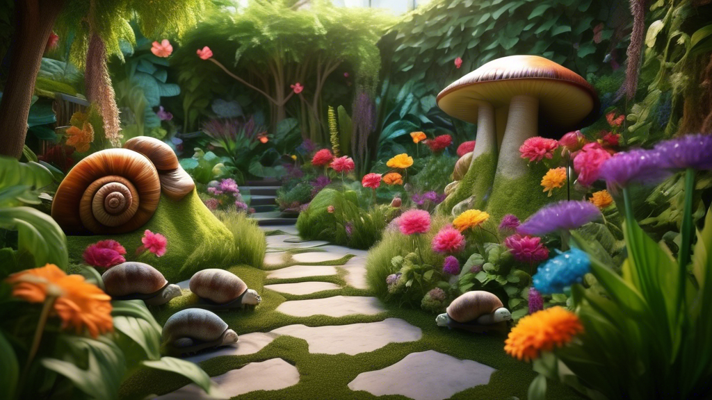 A vibrant garden sanctuary filled with lush greenery and colorful flowers, designed specifically for snails to thrive