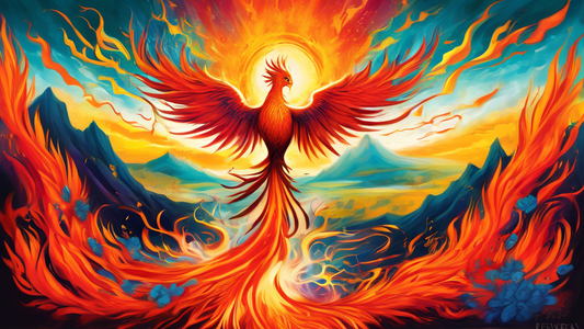 A phoenix rising from the ashes in a vibrant landscape, symbolizing rebirth and growth, with the words 'No Failure, Only Opportunity for Growth' elegantly inscribed beneath.