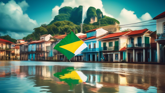 A flooded town with the Brazilian flag at half mast in the foreground.