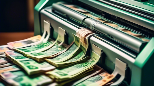 A close-up of a machine counting a stack of Brazilian Real banknotes, motion blur and digital effects highlight the speed and efficiency of the process