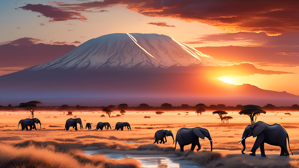 An awe-inspiring sunset over Amboseli National Park with majestic elephants roaming freely and the snow-capped peak of Mount Kilimanjaro in the background.