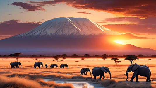 An awe-inspiring sunset over Amboseli National Park with majestic elephants roaming freely and the snow-capped peak of Mount Kilimanjaro in the background.