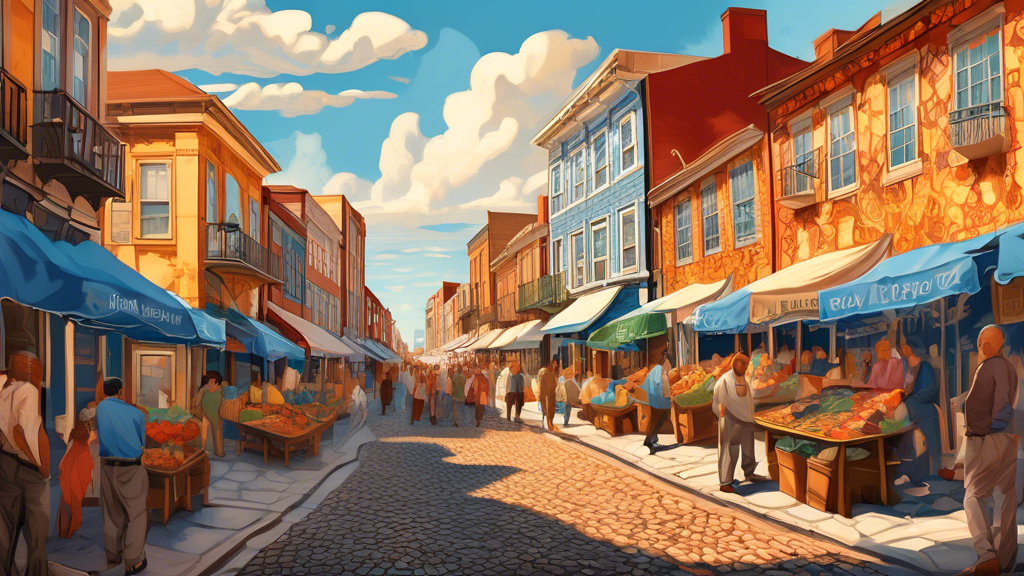 An artistic depiction of a vibrant Portuguese Heritage District in New Bedford, with traditional azulejos, cobblestone streets, and bustling marketplaces under a sunny sky.