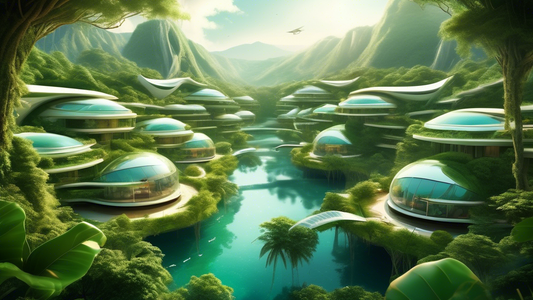 Digital artwork of futuristic eco-friendly resorts nested in lush, untouched landscapes, symbolizing the growth of emerging markets in tourism.