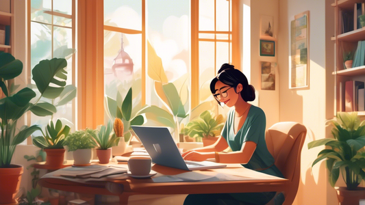 A cozy, stylish home office with a large window showcasing a sunny garden view, where a happy freelancer, a mid-30s Asian woman, is typing on her laptop with a serene smile, surrounded by houseplants,