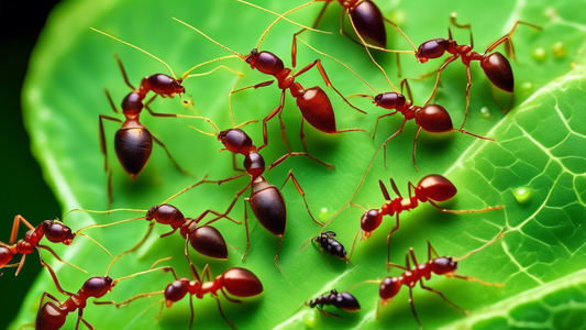 A macro lens photograph depicting a vibrant colony of ants meticulously farming aphids on a lush green leaf, with annotations highlighting key insights and behaviors.