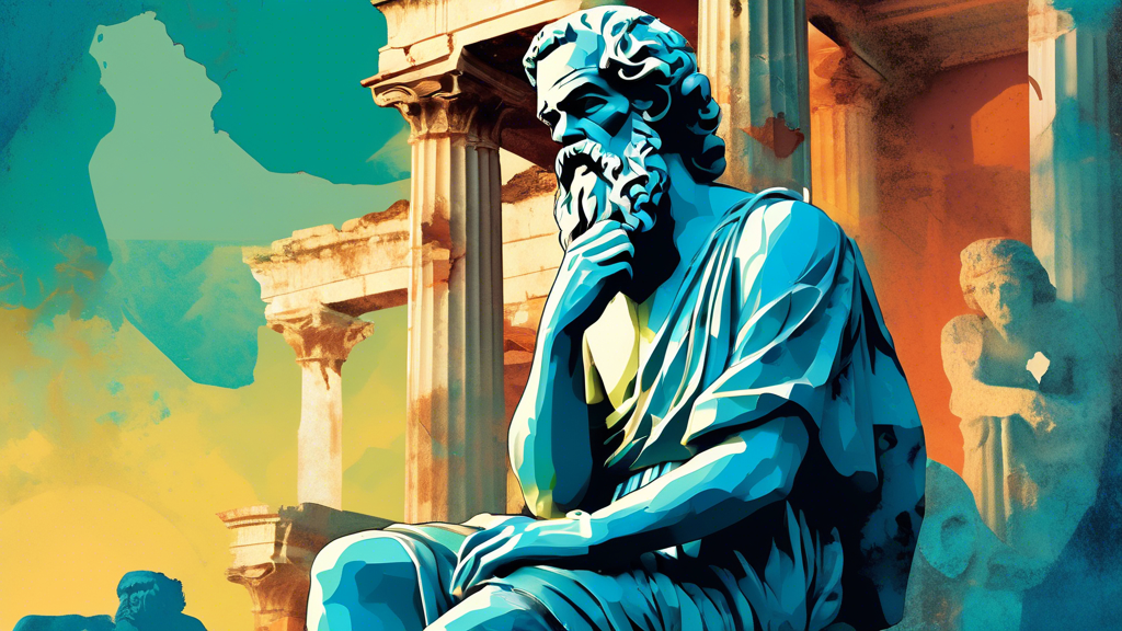 A thoughtful Socrates illuminated by ethereal light, surrounded by the crumbling ruins of ancient Greece, with translucent silhouettes of his students debating in the background.