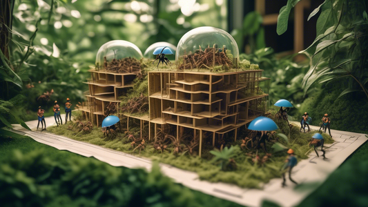 Create an image of ant architects wearing hard hats and analyzing blueprints outside an intricate, multi-chambered ant colony structure, with a backdrop of lush greenery.