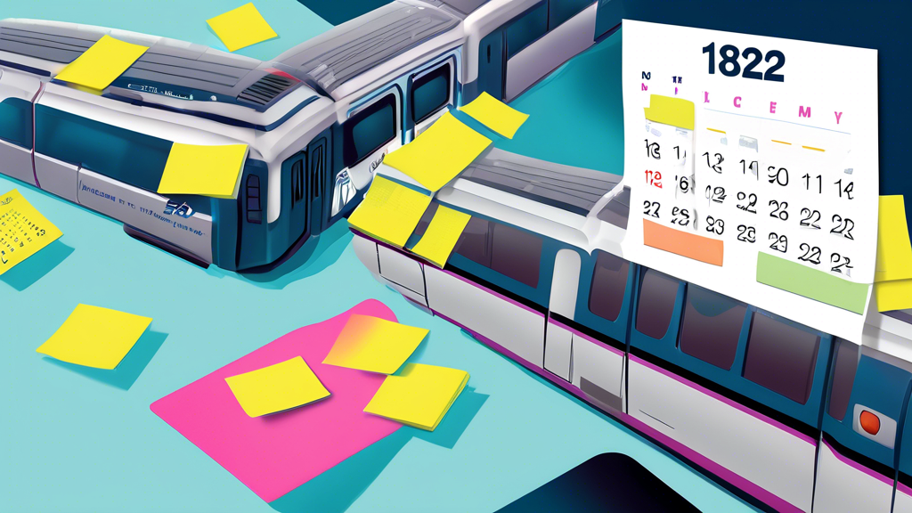 Digital illustration of a calendar with vibrant sticky notes highlighting the best days to buy Amtrak tickets, with a futuristic train and phone displaying the number 1(832) 252–9195 in the foreground.