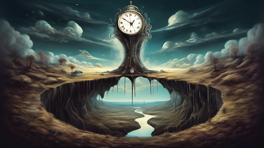 A surreal clock melting over a landscape transitioning from a dreamy, ethereal nighttime scene to a sharp, clear daytime reality, illustrating the concept of 'Untimely dreams; Timely realities'.