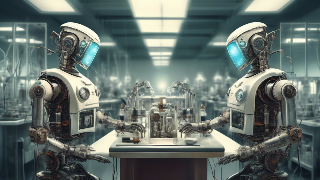 Detailed digital art of a futuristic robot meticulously enhancing and scaling up a vintage photograph in a high-tech laboratory, with multiple screens displaying before and after comparisons.