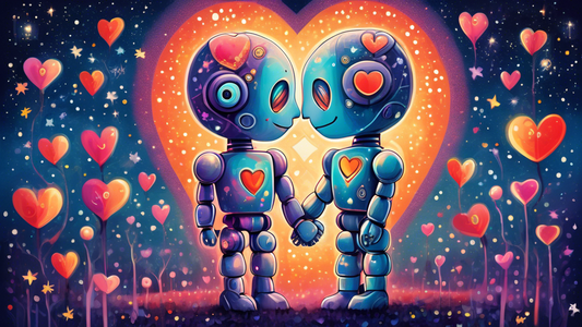 A whimsical, colorful depiction of two humanoid robots with heart-shaped designs, tenderly holding hands under a starry night sky, symbolizing the universal search for love and connection.