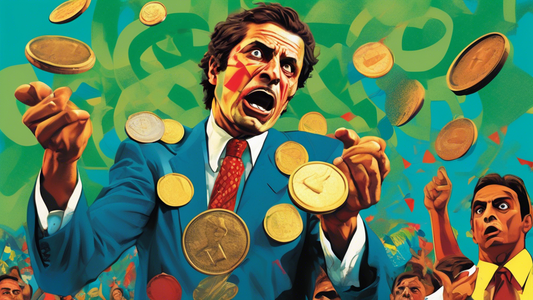 A tired-looking man in a suit, juggling two large coins with Austerity etched on them, with a worried crowd of Brazilians in the background.