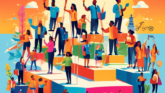 A vibrant, colorful illustration of a diverse group of people standing on giant steps labeled with words such as 'Goals', 'Planning', 'Execution', and 'Success', each holding tools like books, laptops