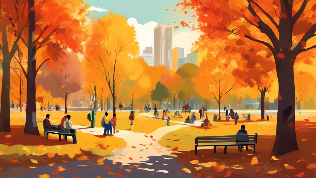 Capture a serene and vibrant autumn landscape depicting a picturesque park in September 2014, with people enjoying a sunny day amidst trees boasting an array of fall colors.