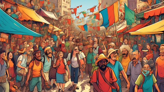 A chaotic and colorful illustration of a diverse group of tourists following a disheveled tour guide, holding a flag, through an overcrowded and bizarre market, with various humorous and unexpected obstacles in their path.