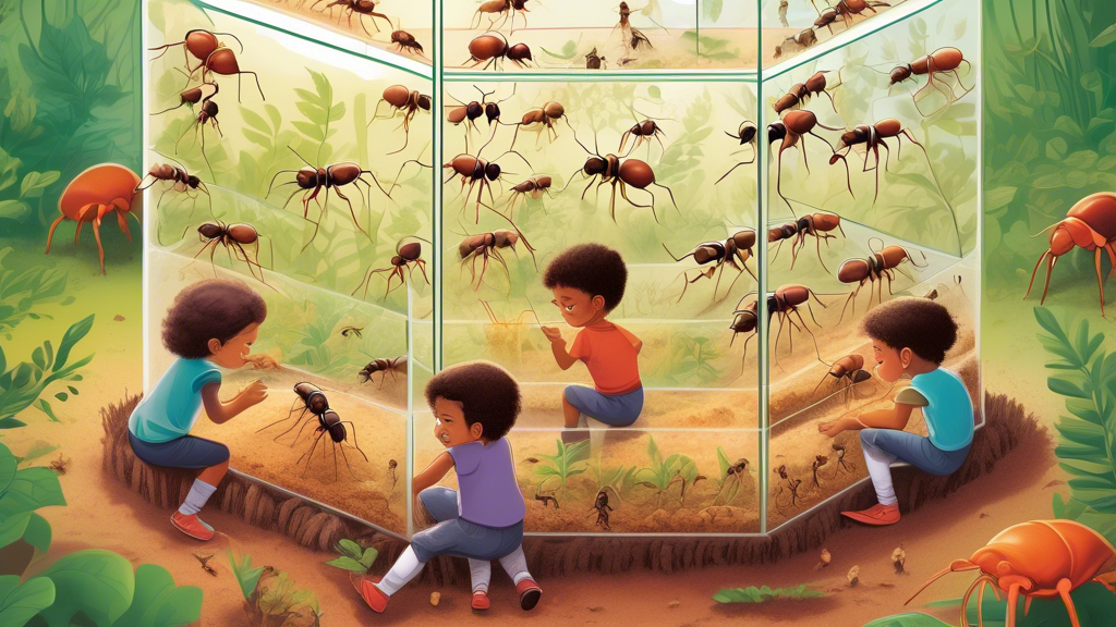 Colorful and educational illustration of children observing Myrmica rubra ants working together inside an ant farm, with labels highlighting the unique features of the top ant farms designed for kids.