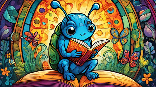 A whimsical and colorful children's book illustration with a unique art style, featuring a friendly creature reading a book.