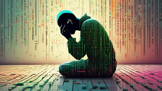 A lone figure sits slumped on the floor, their back against a wall covered in binary code, with a single tear rolling down their cheek reflecting a deactivated screen.