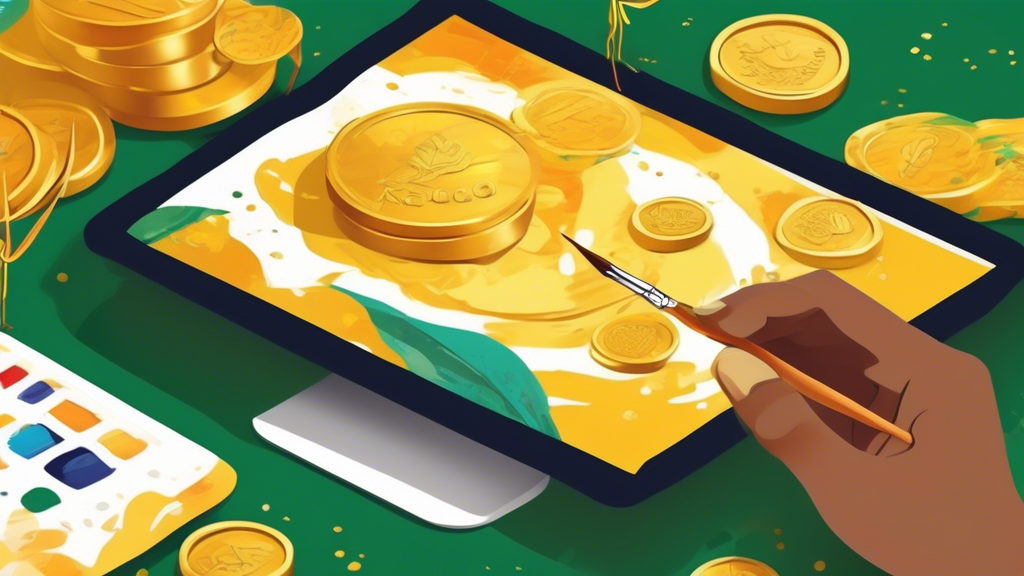 A hand holding a paintbrush painting gold coins onto a computer screen that displays the Medium logo.