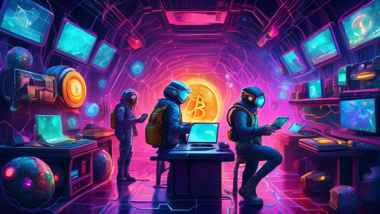 Digital painting of futuristic adventurers equipped with high-tech gadgets exploring a vibrant, mysterious Web3 gaming universe filled with enigmatic cryptocurrencies and NFT treasures.