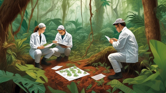 Scientific researchers in lab coats observing and taking notes on Atta cephalotes, leafcutter ants, in a vibrant rainforest environment, with detailed illustrations of their nest structure and leaf carrying behavior visible in the foreground.